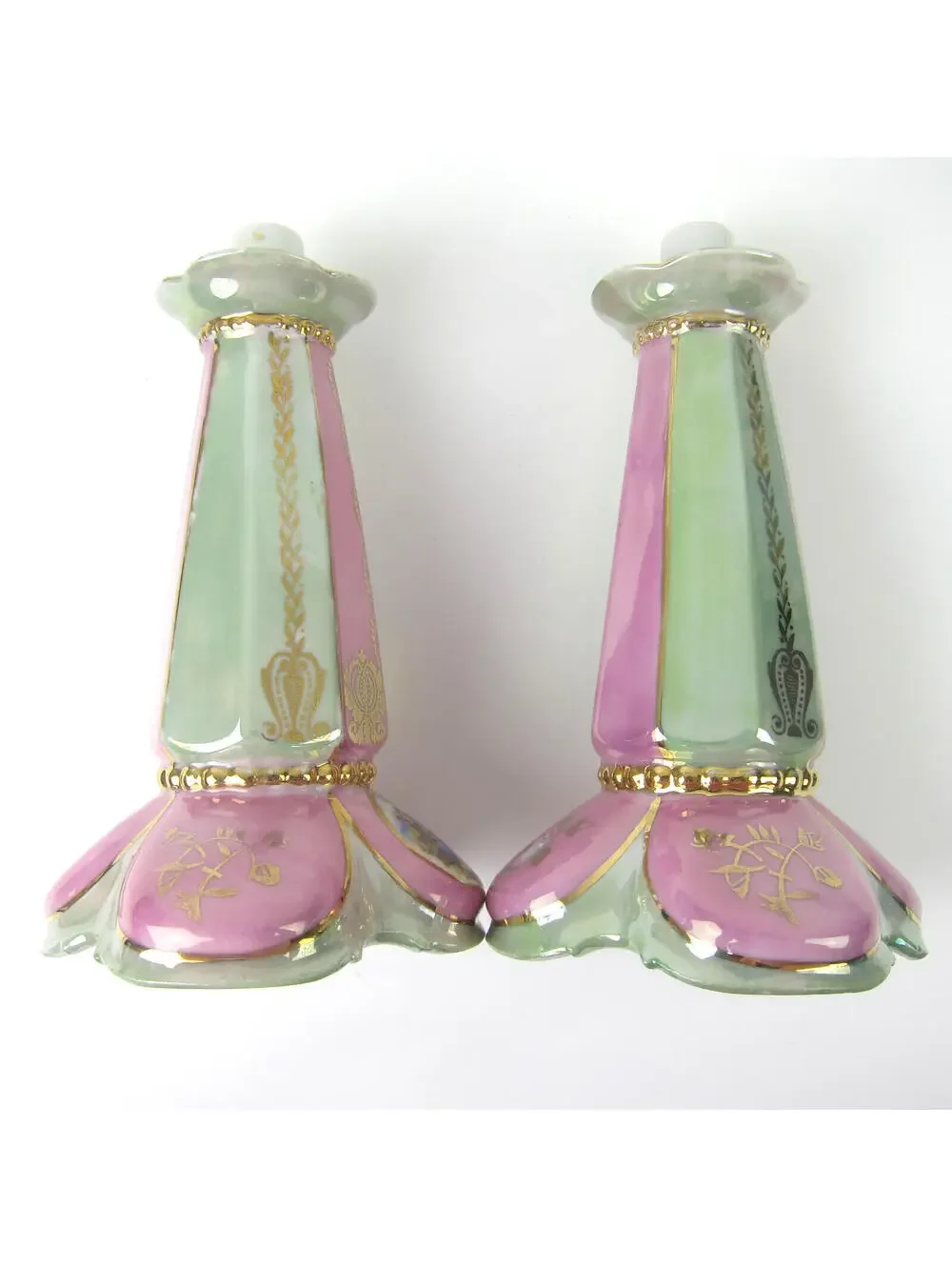 Antique Porcelain Lusterware Lamp Base Pink Green Gold Angelica Kauffman Germany